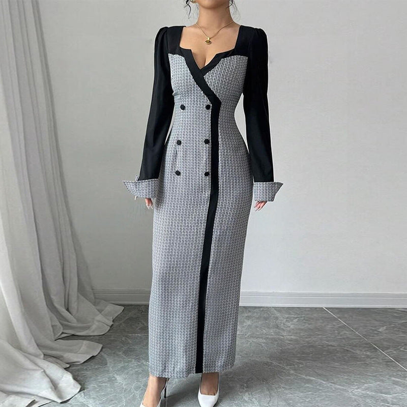 Square-Collar Double-Breasted Long Dress