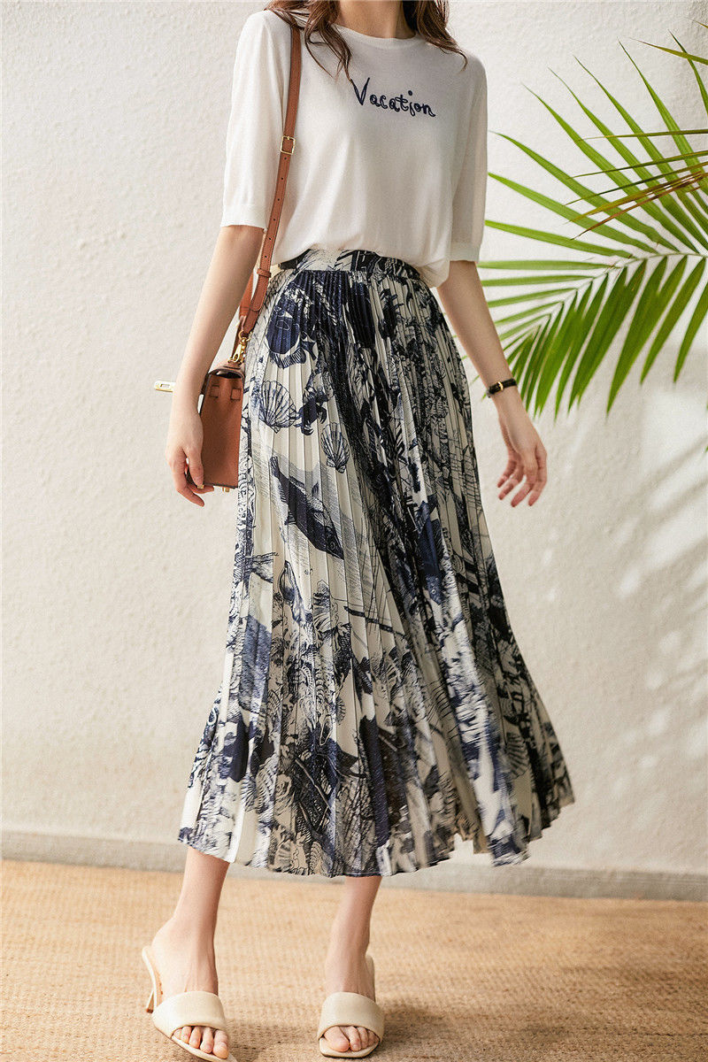 Elastic-Waist Ink Painting Midi Skirt