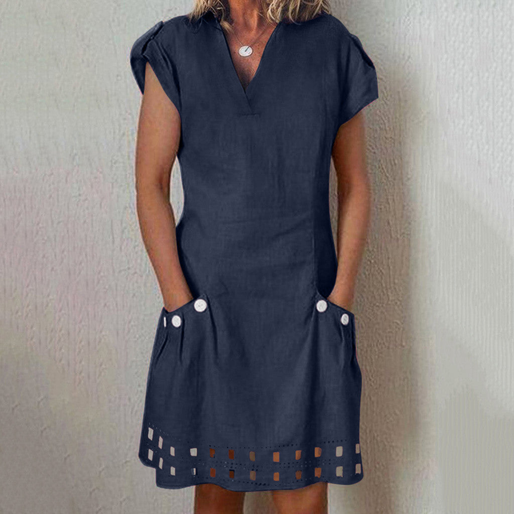 Loose V-neck casual cotton and linen skirt