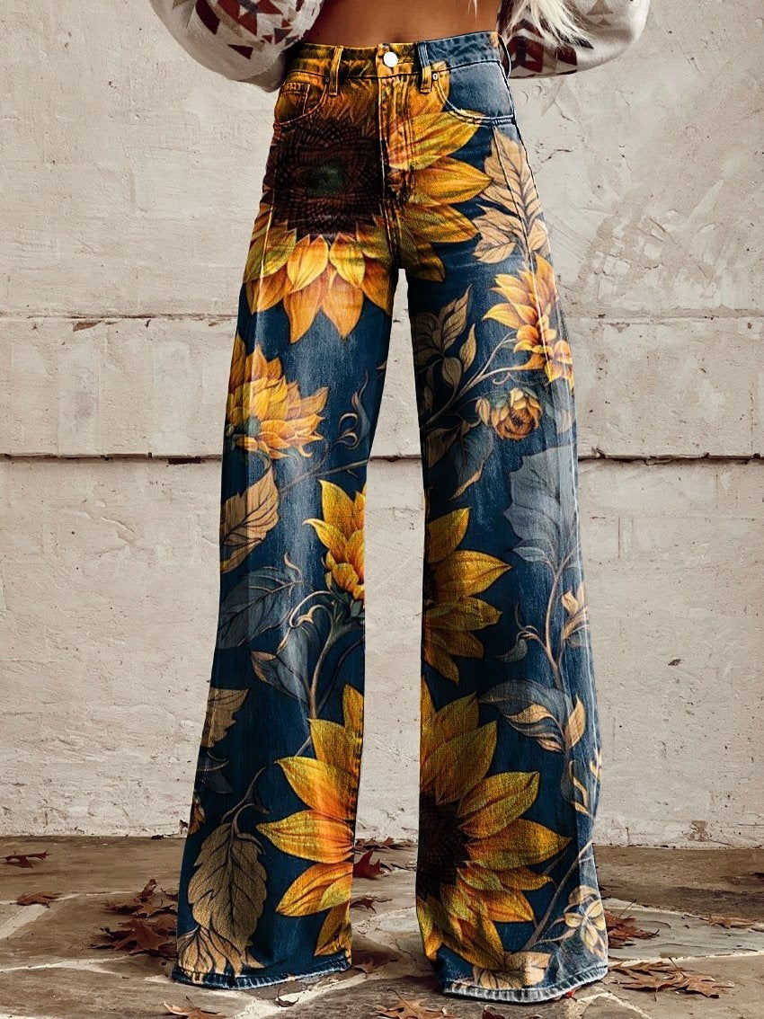 Women's 3D Printed Denim Wide-Leg Pants