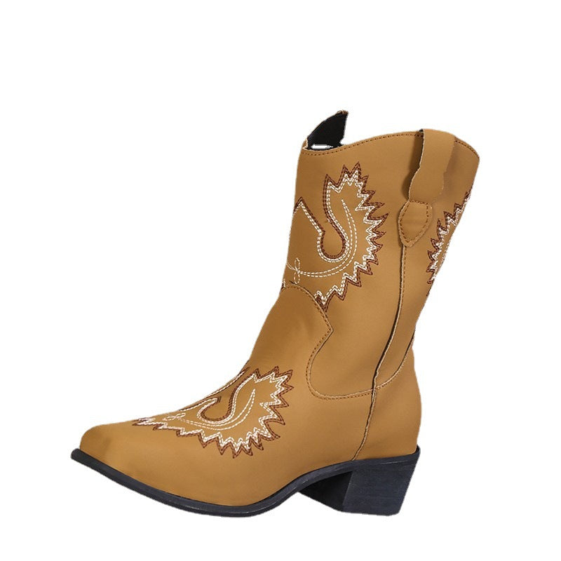 Women's Embroidered Western Boots - Chunky Mid Heel Cowboy Boots