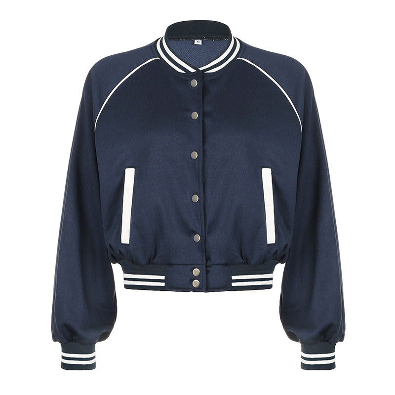 Retro American College-Style Colour Contrast Patchwork Stand-Collar Baseball Jacket