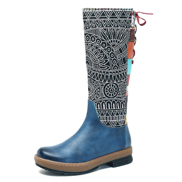 Vintage Mid-Calf Bohemian Retro Genuine Leather Printed Boots