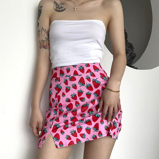 High-Waist Cherry Print Slit Short Skirt