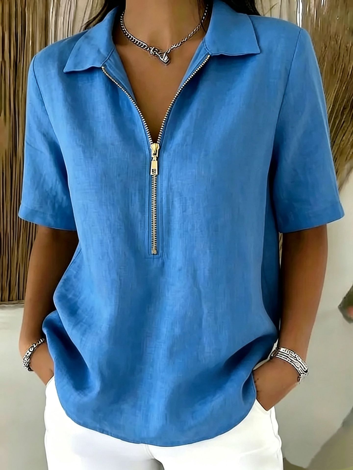 Solid-color Lapel-zip Mid-sleeve Womens Blouse