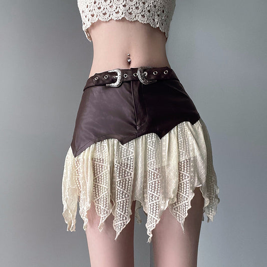 Leather Stitching Irregular Lace Skirt