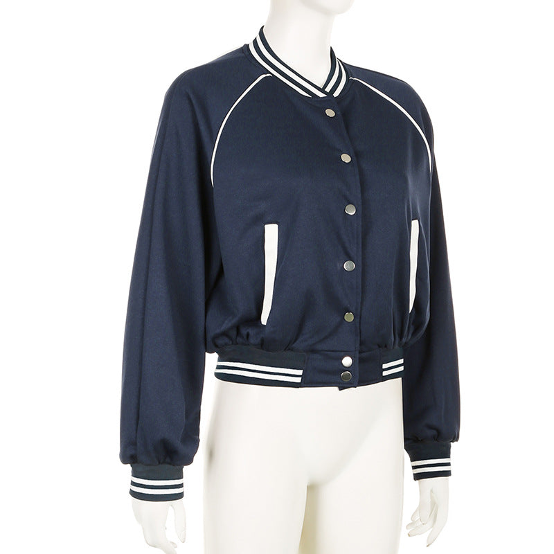 Retro American College-Style Colour Contrast Patchwork Stand-Collar Baseball Jacket