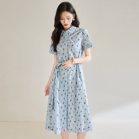 Anti-wrinkle Cotton Printed Blue Round Neck Long Dress