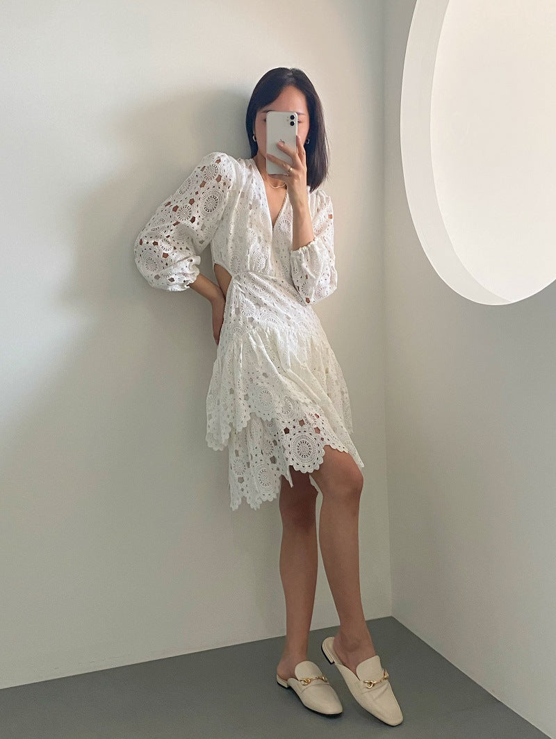 Hollow Embroidered Lace V-Neck Women's Dress