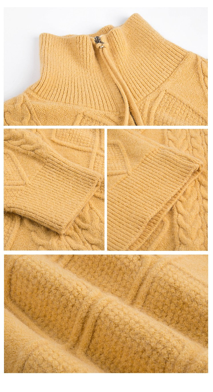 Mock-Neck Zipper Fried Dough Twists Pullover Sweater