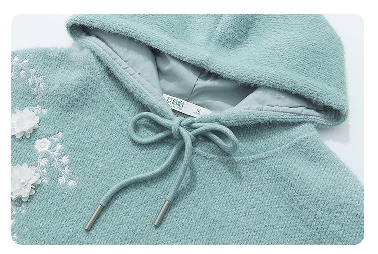 Green Hooded Sherry Embroidered Soft & Sticky Loose Sweater For Women