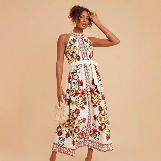 Floral Lace-up Sleeveless Dress