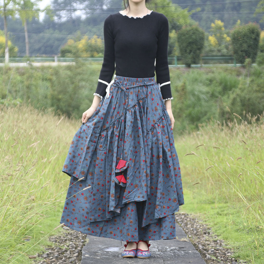 Ethnic-Style Cotton And Linen Printed Skirt