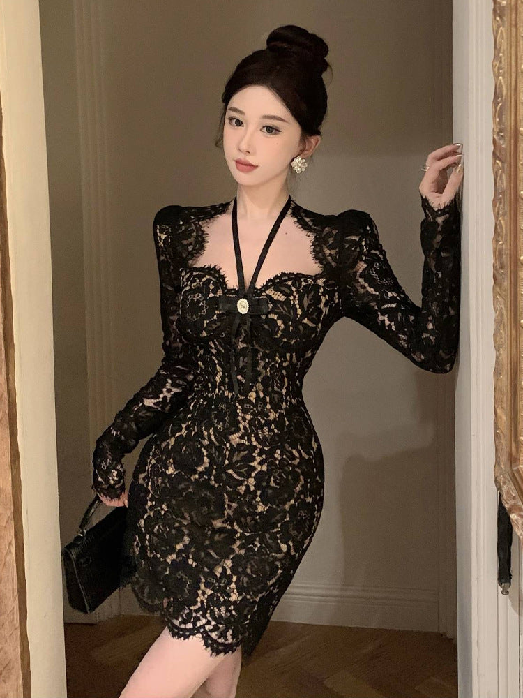 Hong Kong Style Lace Positioning Flower Irregular Halter Sheath Dress