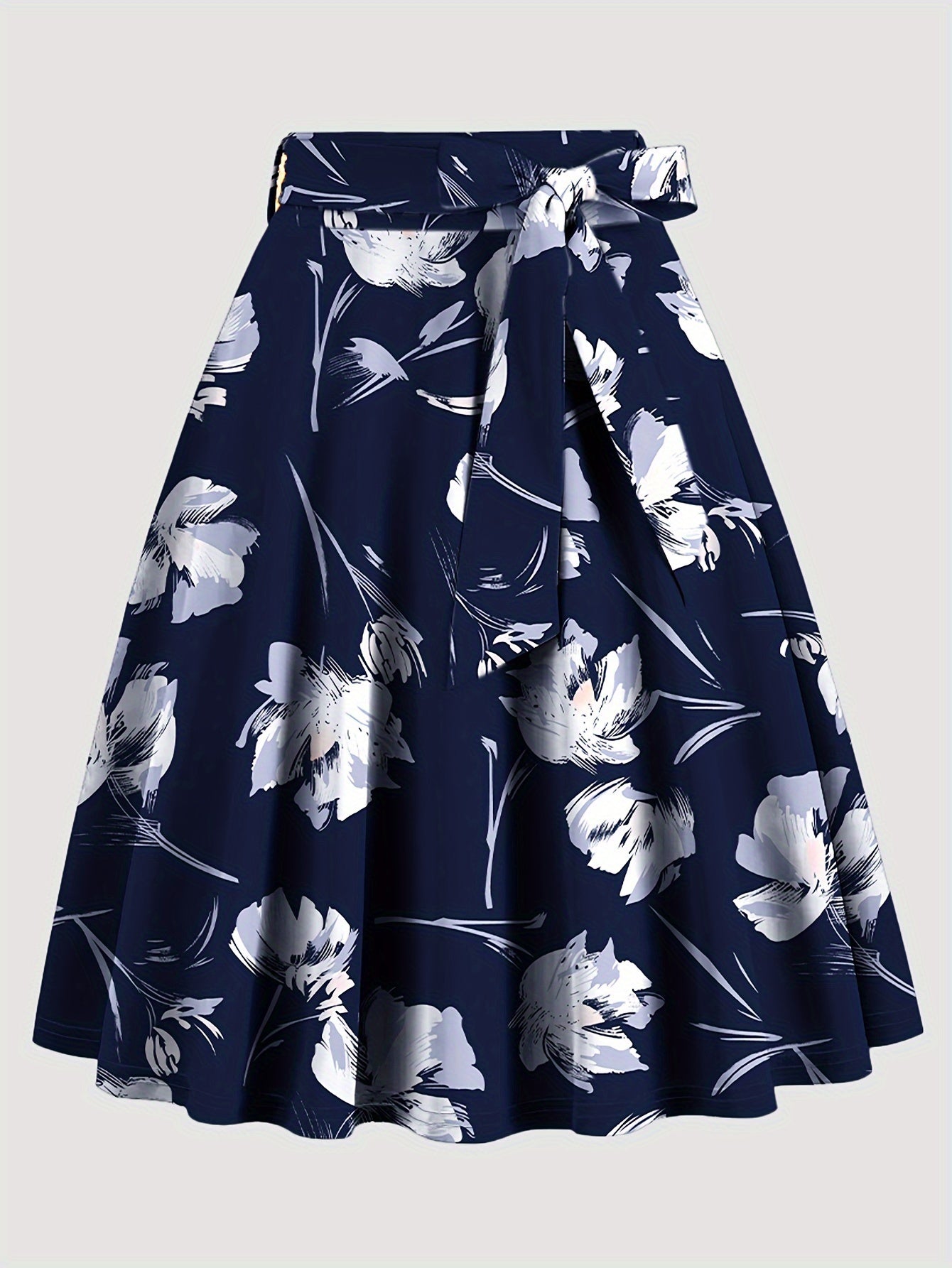 Elegant Belt Floral Midi Skirt