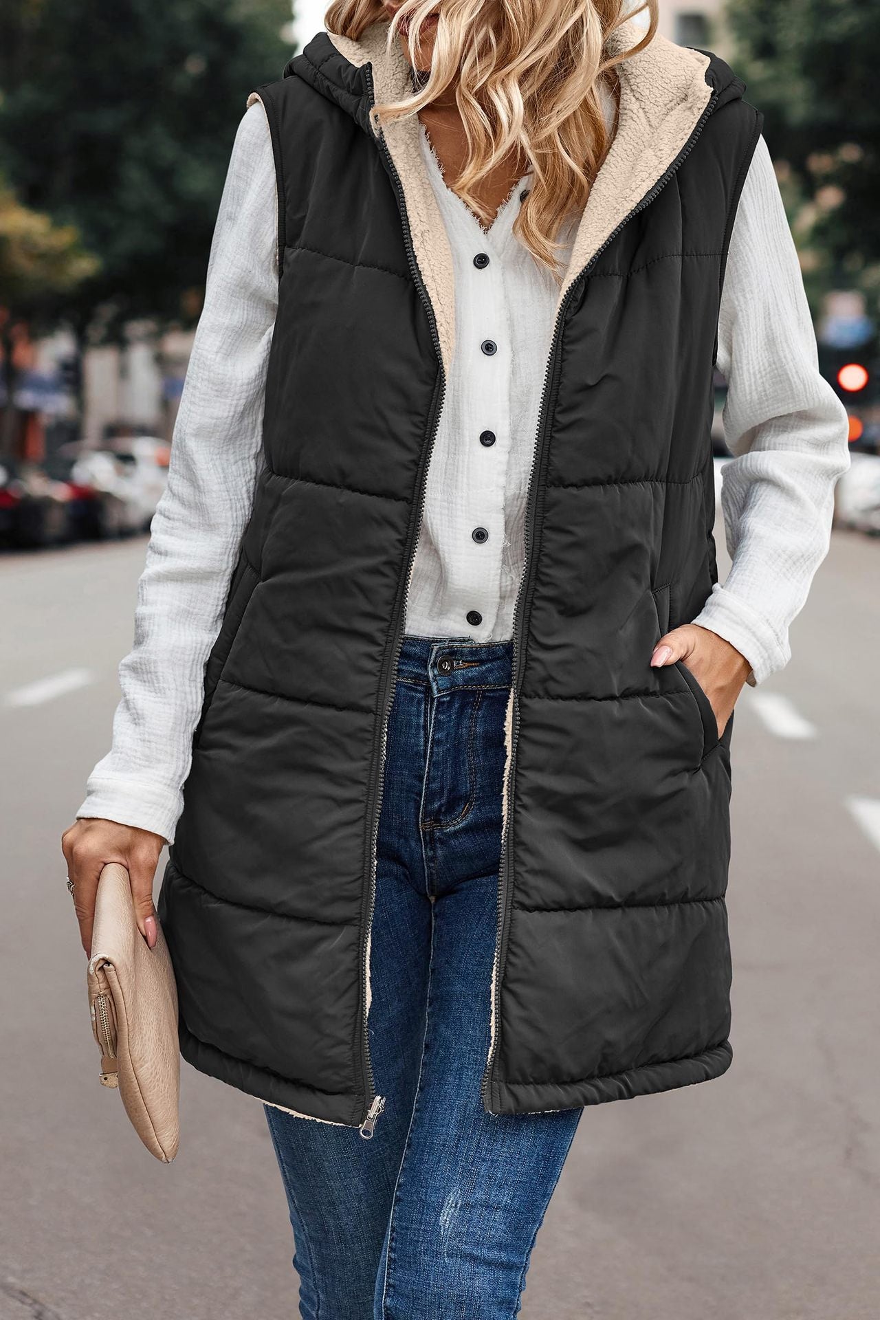 European & American Solid-Colour Hooded Cotton Vest Jacket