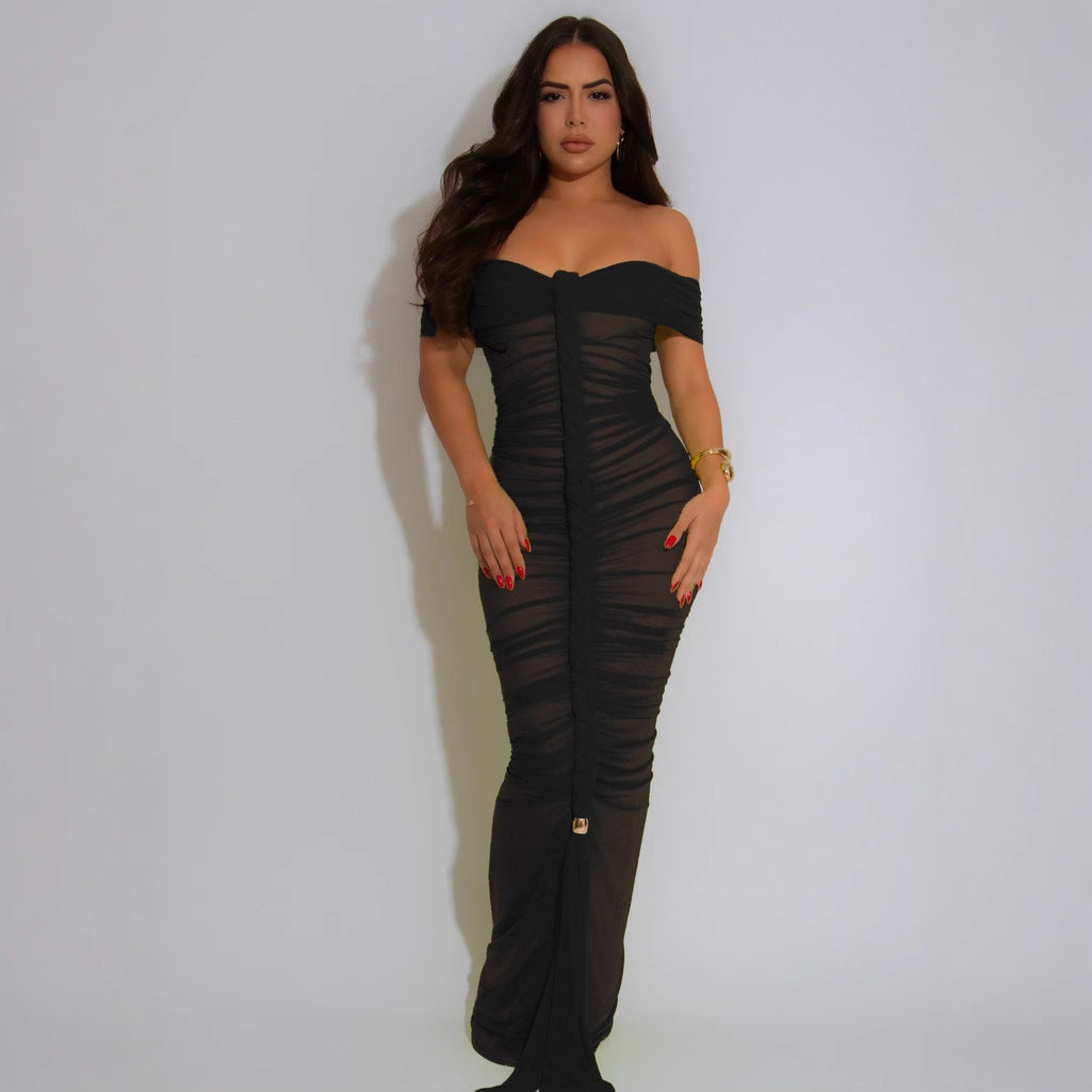 New Fashion Sexy Pleated Mesh Extra Long Dress