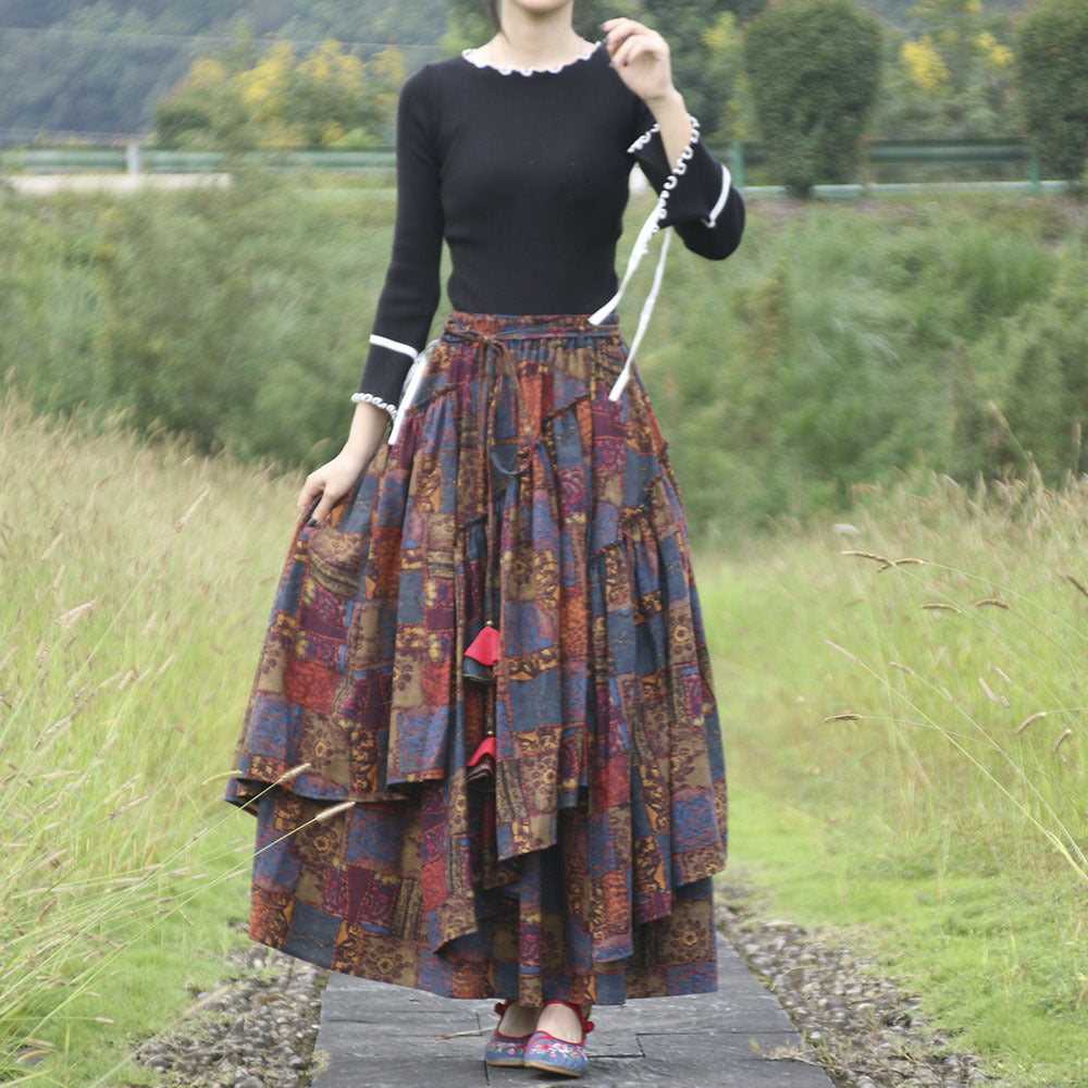 Ethnic-Style Cotton And Linen Printed Skirt