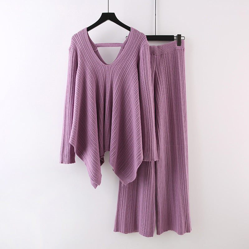 Pleated Knitted Irregular V-Neck Top-Wide-Leg Pants Sweater Suit