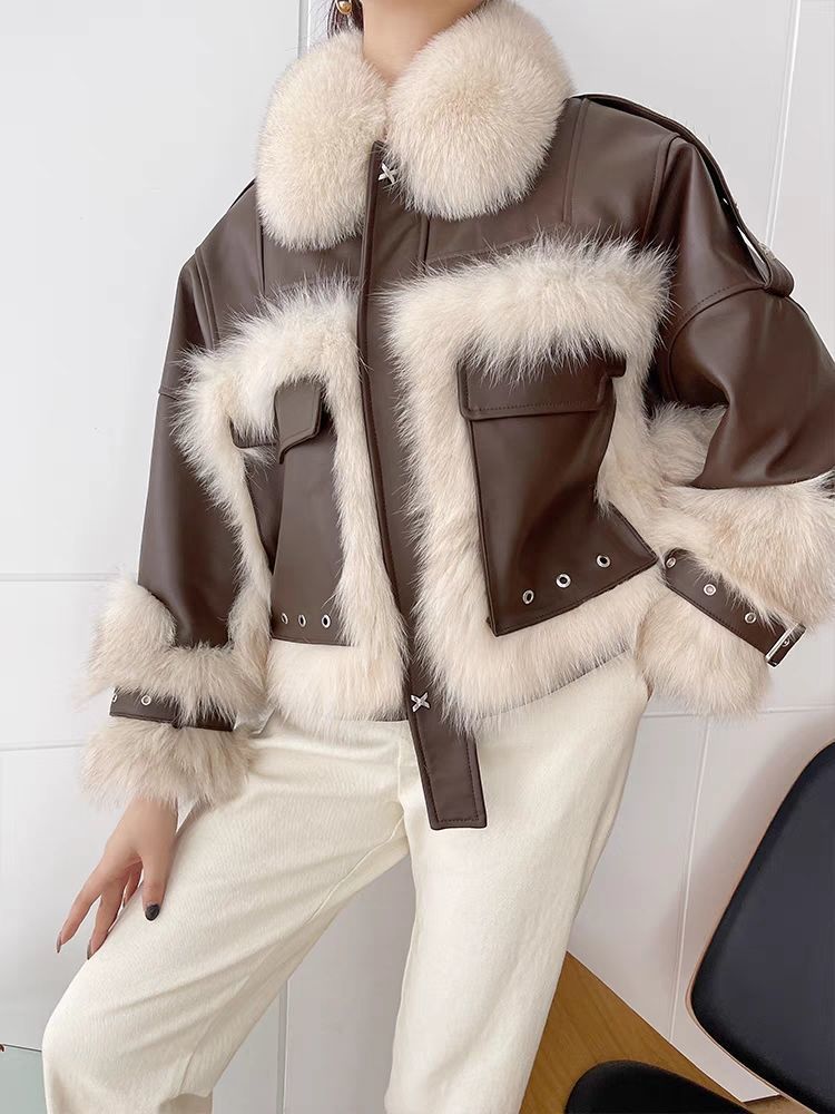 Fox Fur Stitching Leather Coat