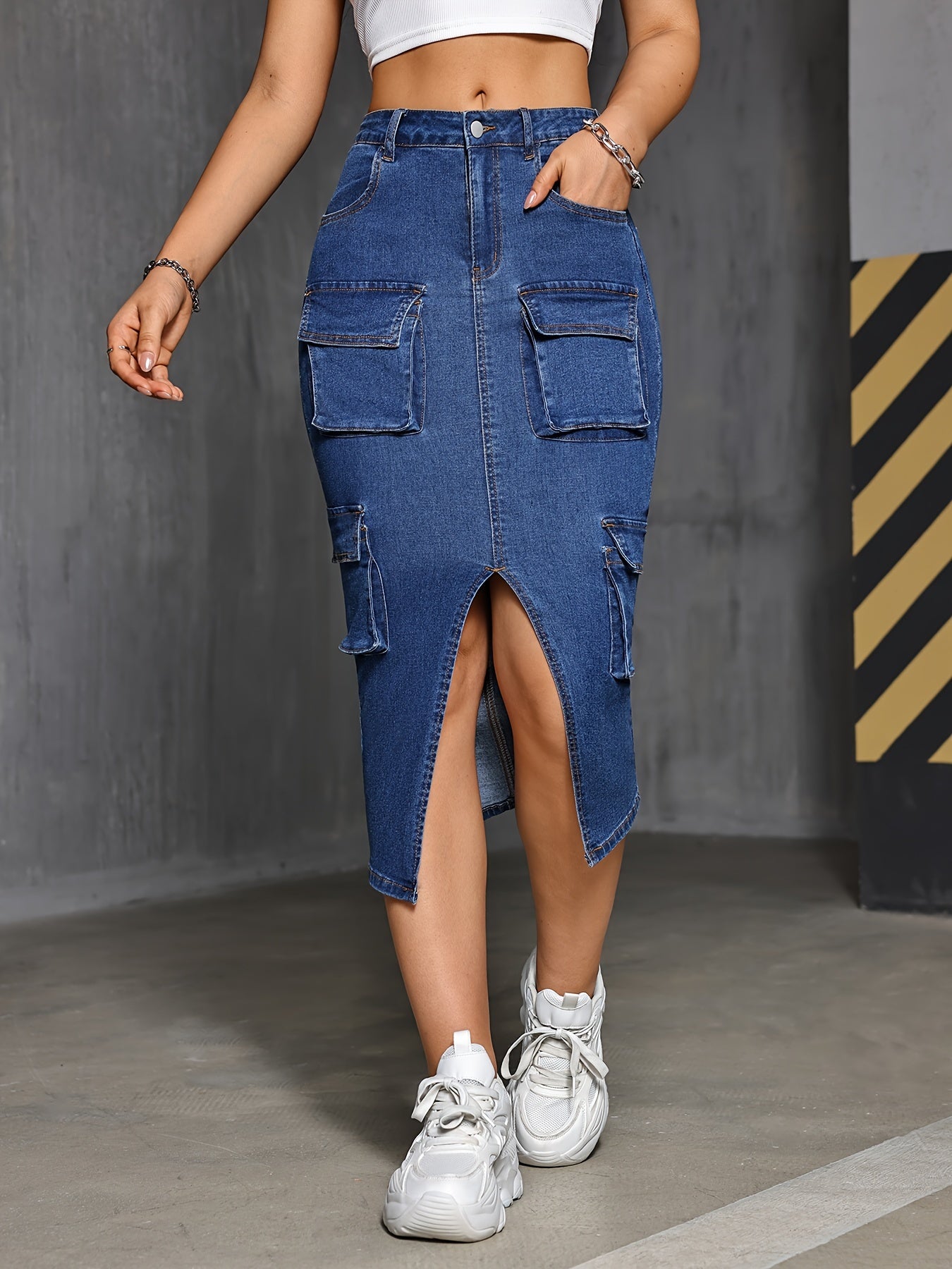 Slit Denim Midi Skirt With Multiple Pockets