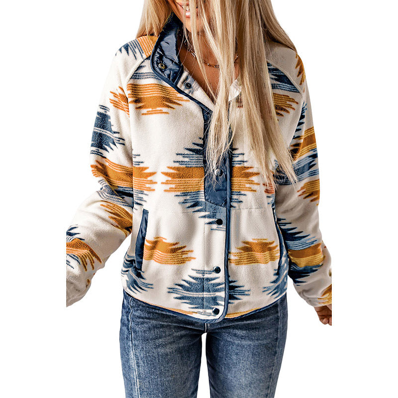 Women's  Colour-Contrast Printed Fleece Coat