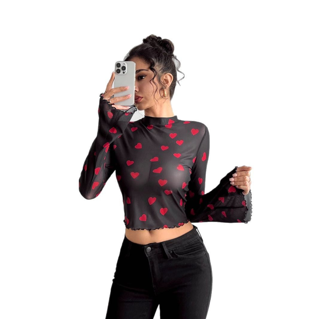 Mesh Floral Print Round-neck Flared Sleeves Long Sleeve