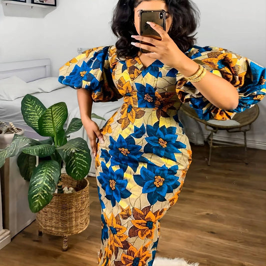Printed Short-Sleeve Long Dress