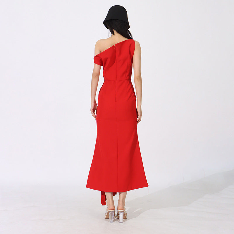 Summer New Shoulder Pleated Irregular Dinner Dress Women