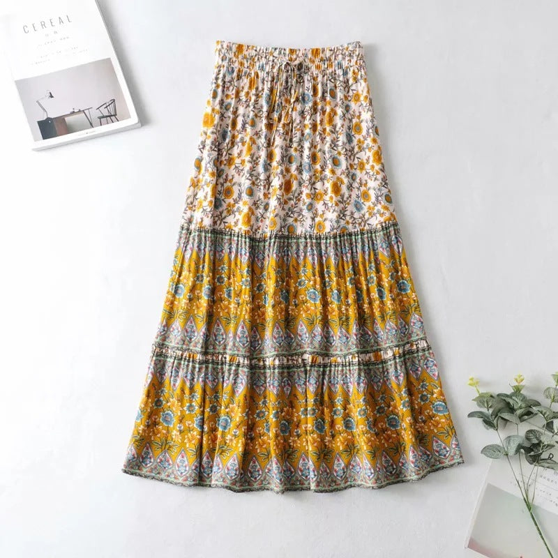 Women's Printed Elastic High-Waist Long Skirt