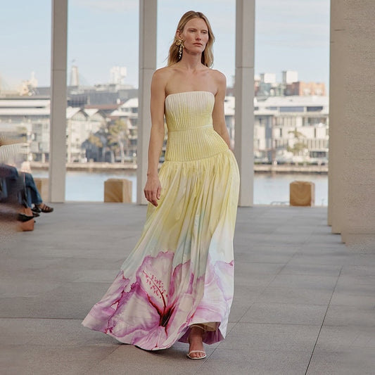 Trendy French-Style Strapless Pleated Long Dress