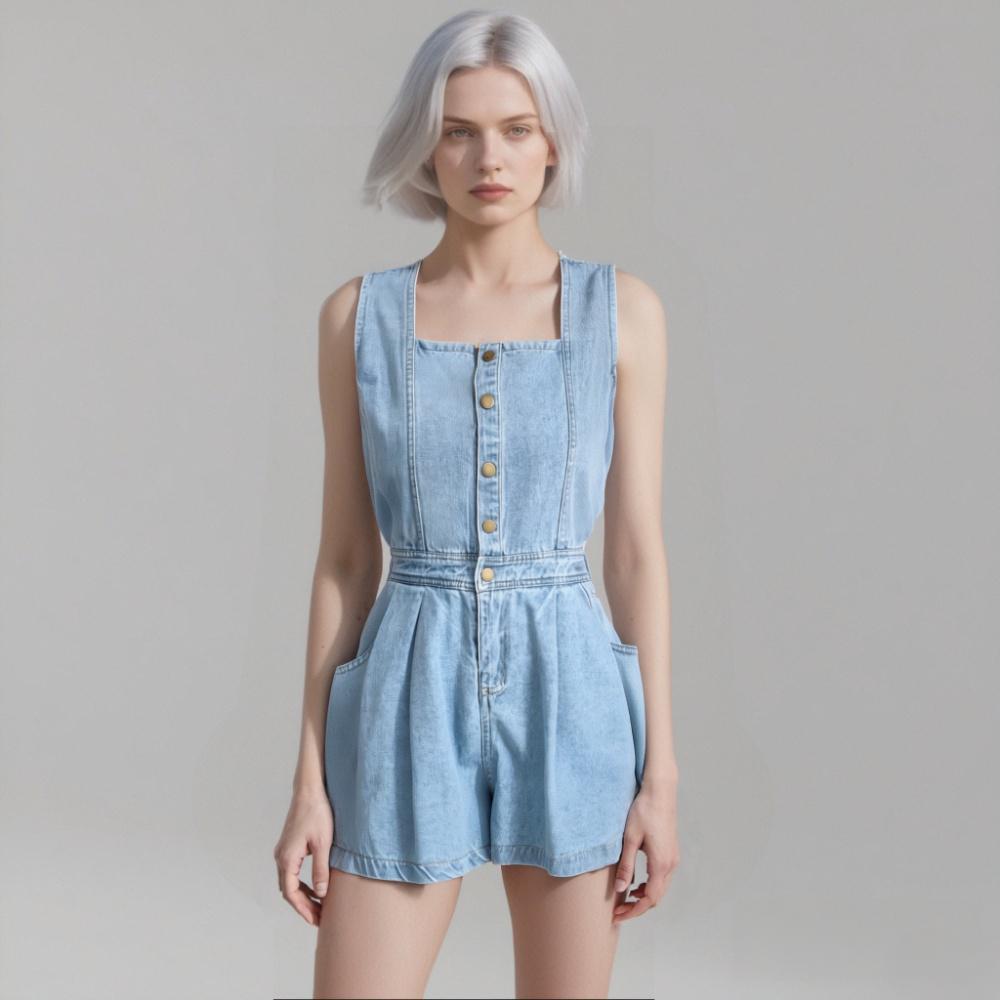 Denim Wide-Leg Shorts Jumpsuit
