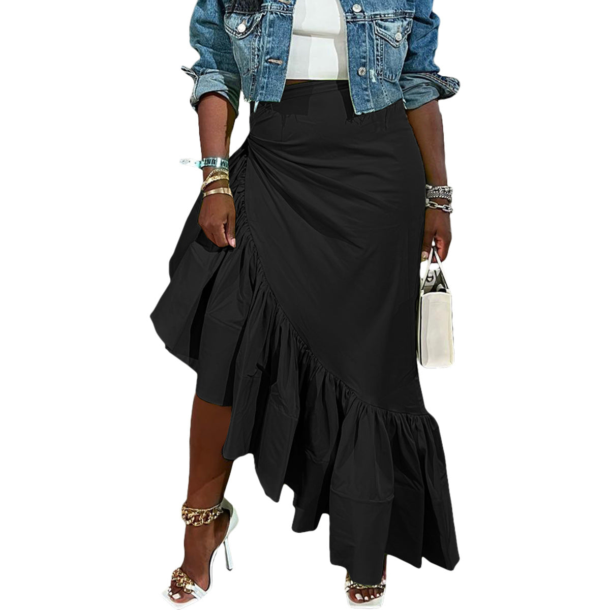 Solid-Colour Irregular Ruffled Skirt