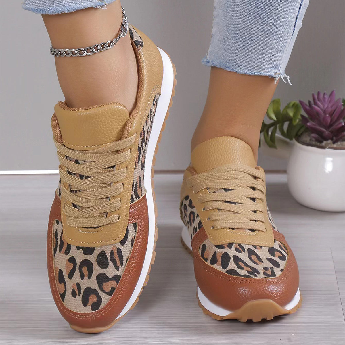 Leopard Print Lace-Up Sneakers For Women