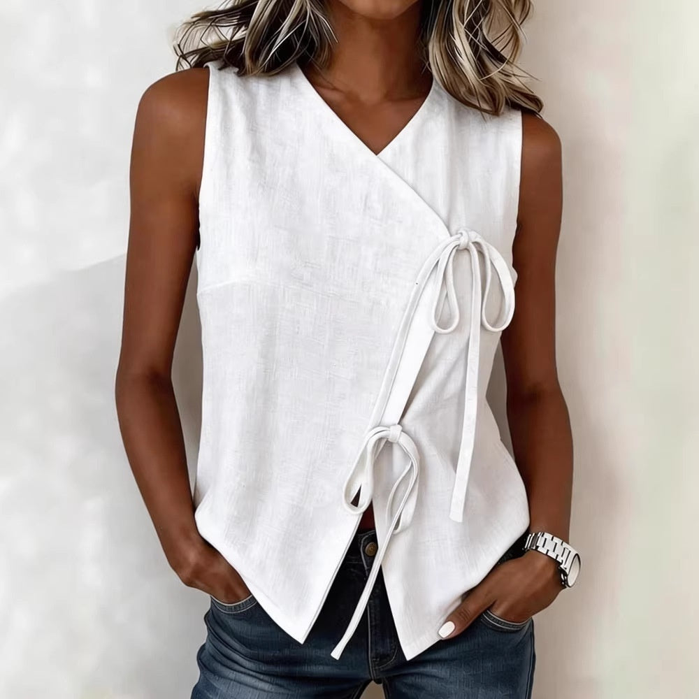Womens Bow-Tied V-Neck Top Sleeveless Tank Top