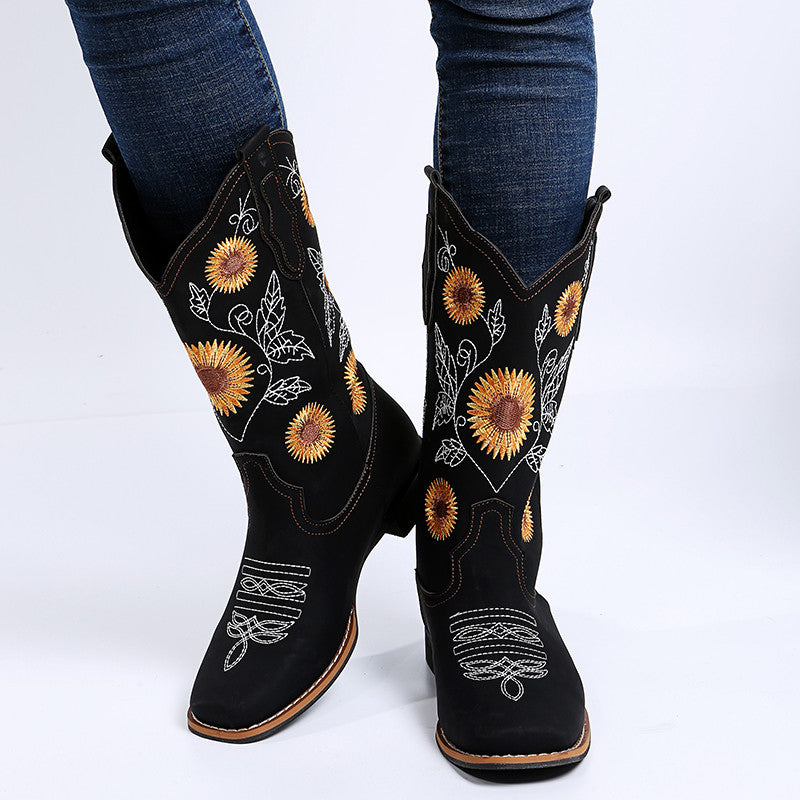 Sunflower Embroidery Cowboy Boots For Women - Low-Heel Western Boots