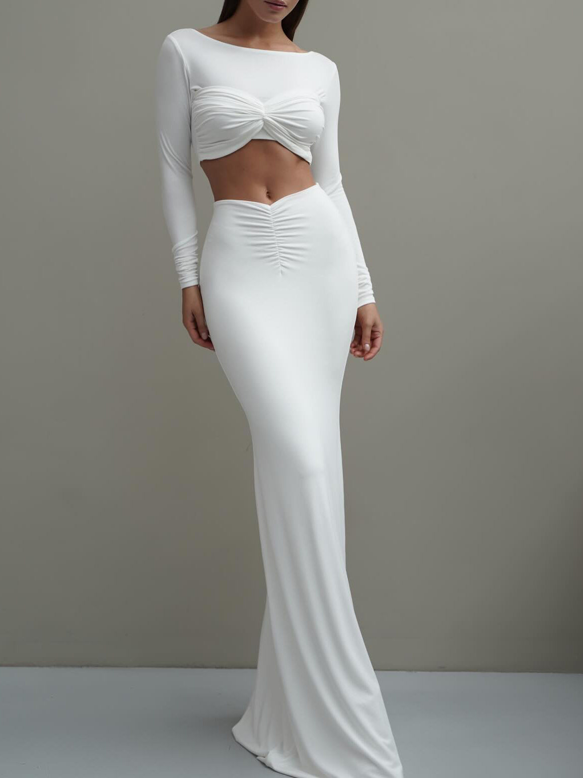 Long-Sleeved Crop Top & Shirred Maxi Skirt Outfit