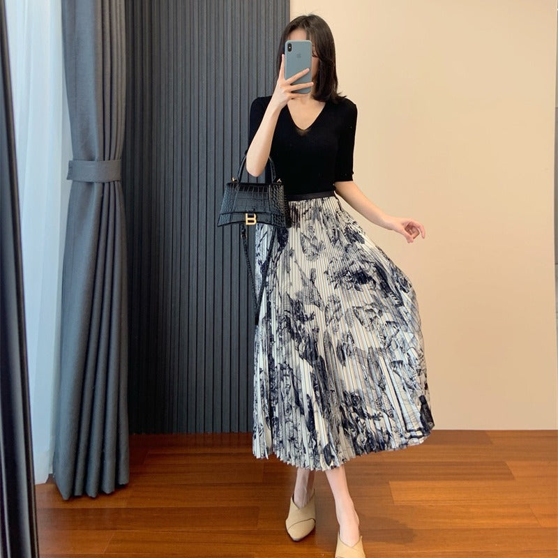 Elastic-Waist Ink Painting Midi Skirt