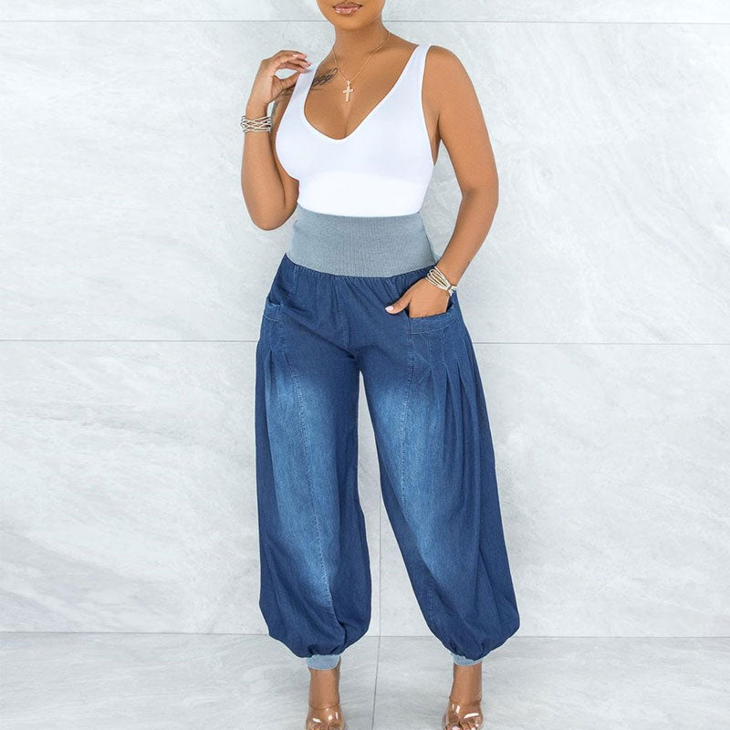 Thin Loose Wide-Leg  Harem Pants - Elastic-Waist Denim Trousers For Women