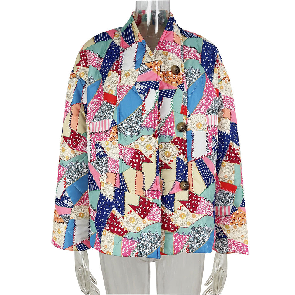 Quilted Cotton Printing Colour-Contrast Cotton Coat