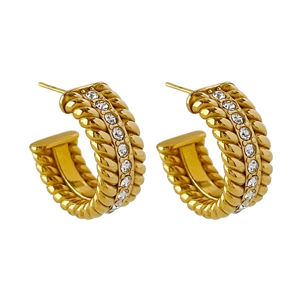 Electroplated Gold-Plated C- Shaped Diamond Hoop Earrings