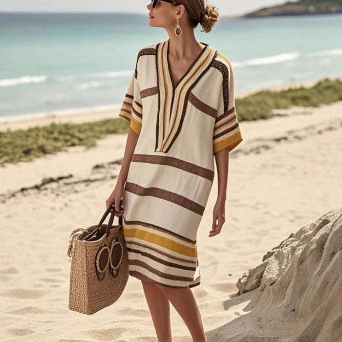 Digital Printing Striped V-Neck Dress