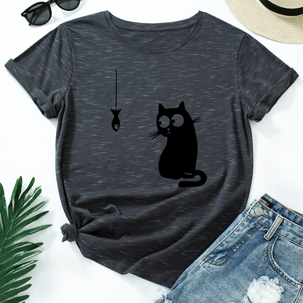 Women's Cute Cat Loose Round-Neck Cotton Short Sleeve T-Shirt