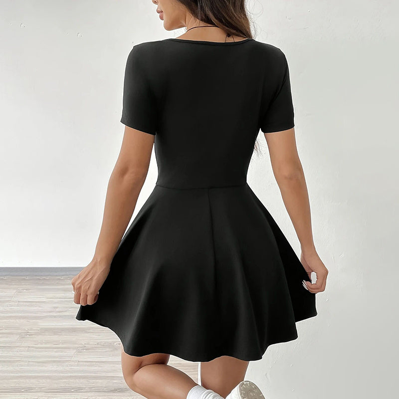Square-Neck Short-Sleeve Ruffle-Hem  Flare Mini Dress - US Only