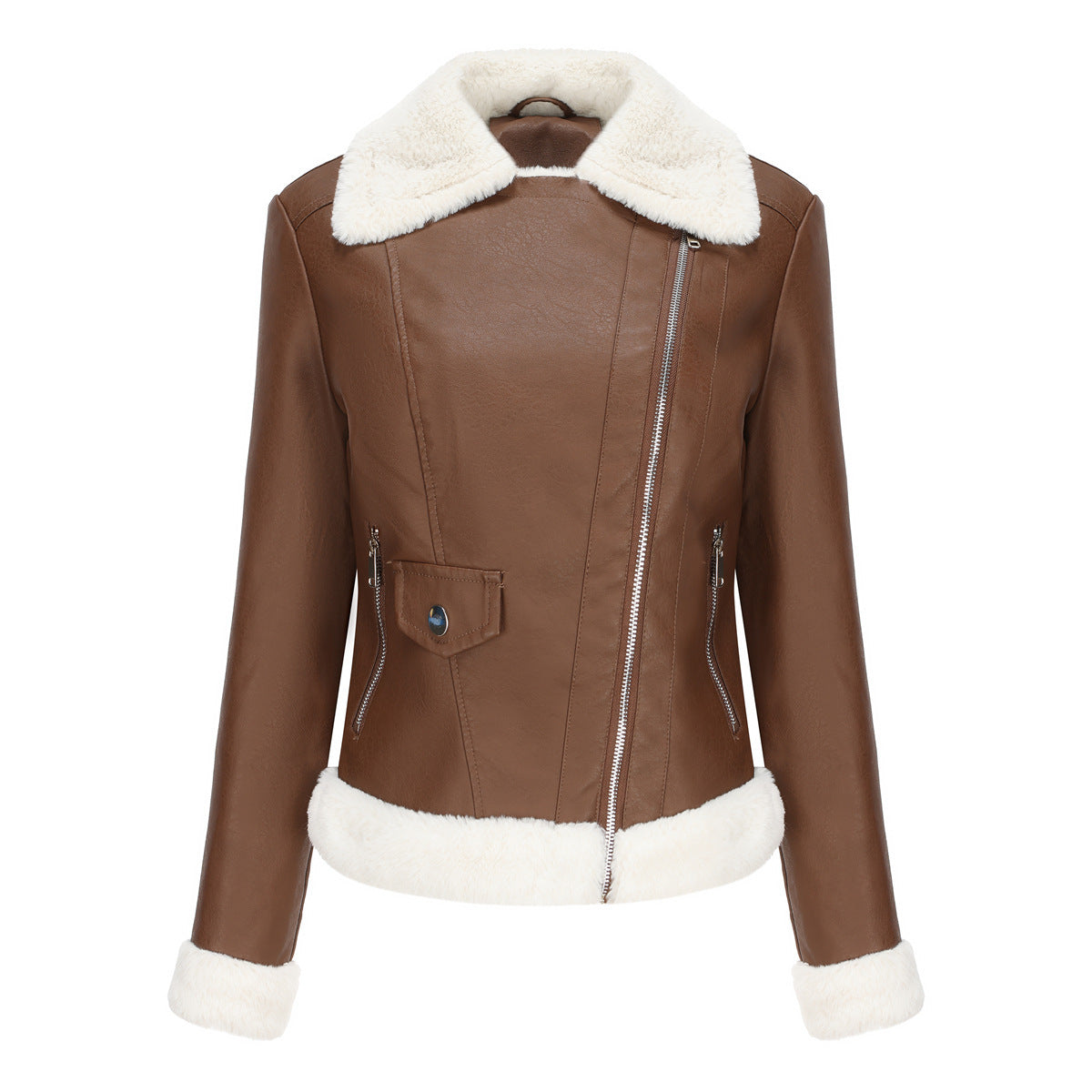 Turn-Down Collar Warm Fleece Leather Jacket