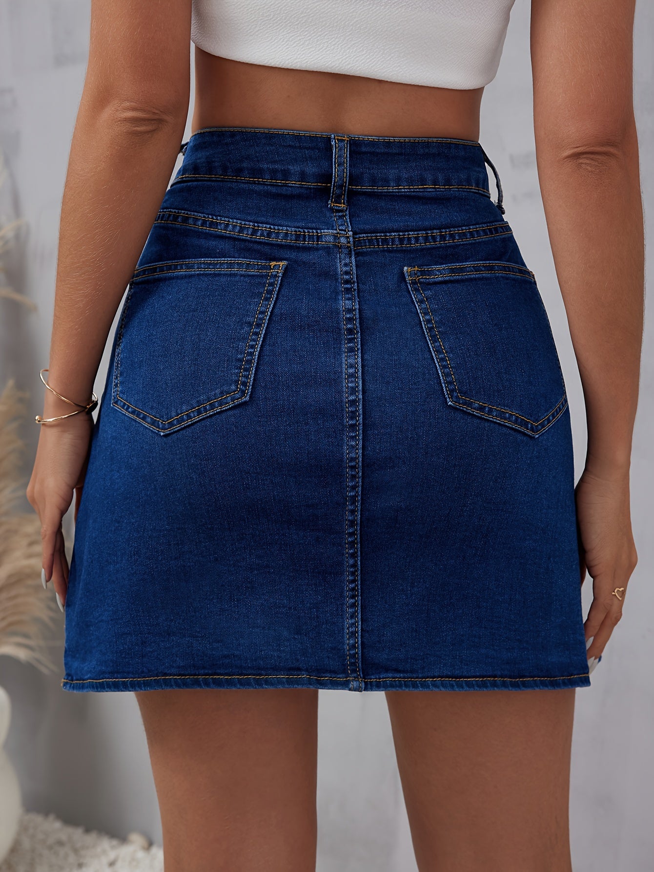 Ruffled-Hem Slash-Pocket Denim Mini Skirt