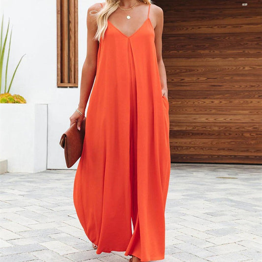 Women's Sling Wide-Leg Pants Solid-Colour Pocket Casual Jumpsuit