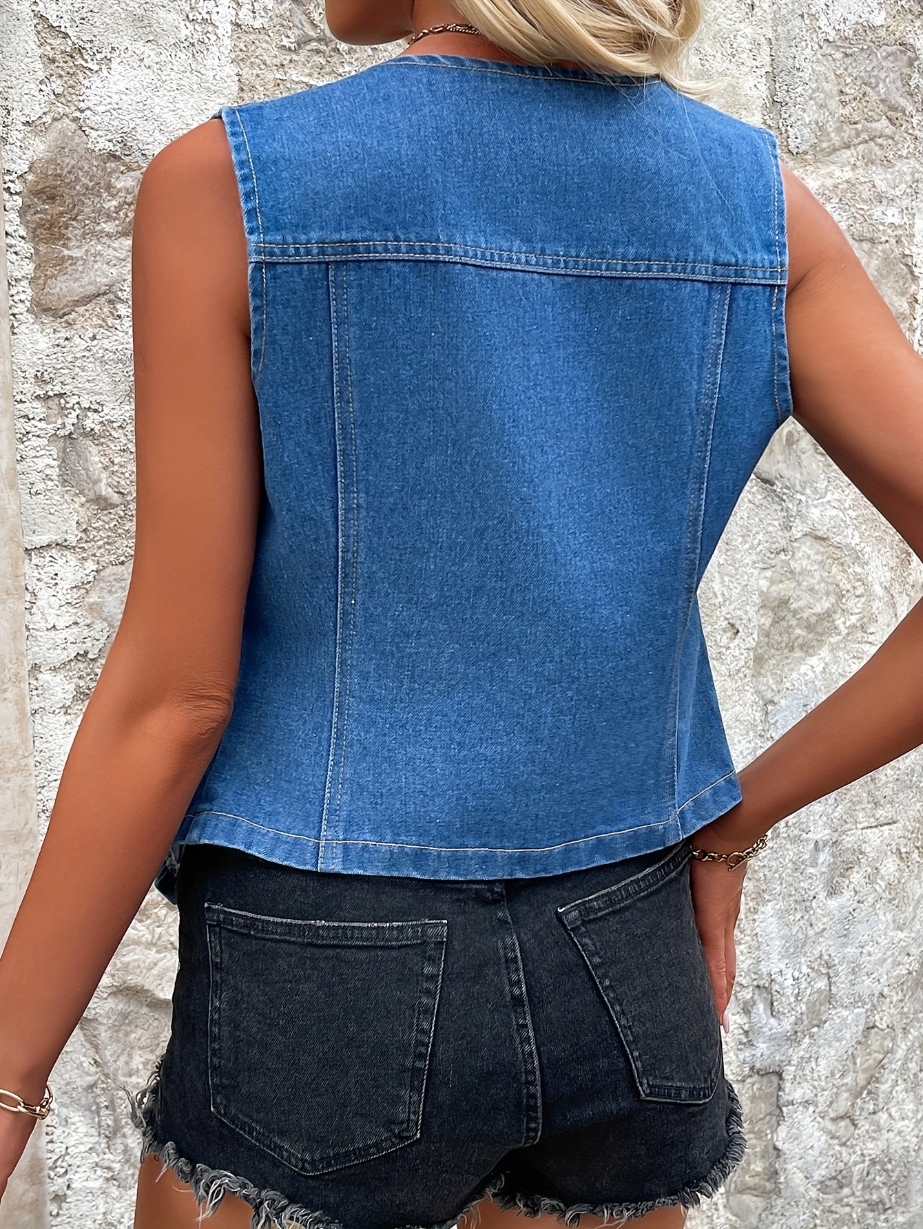 Women's Sleeveless V-Neck Denim Vest Jacket