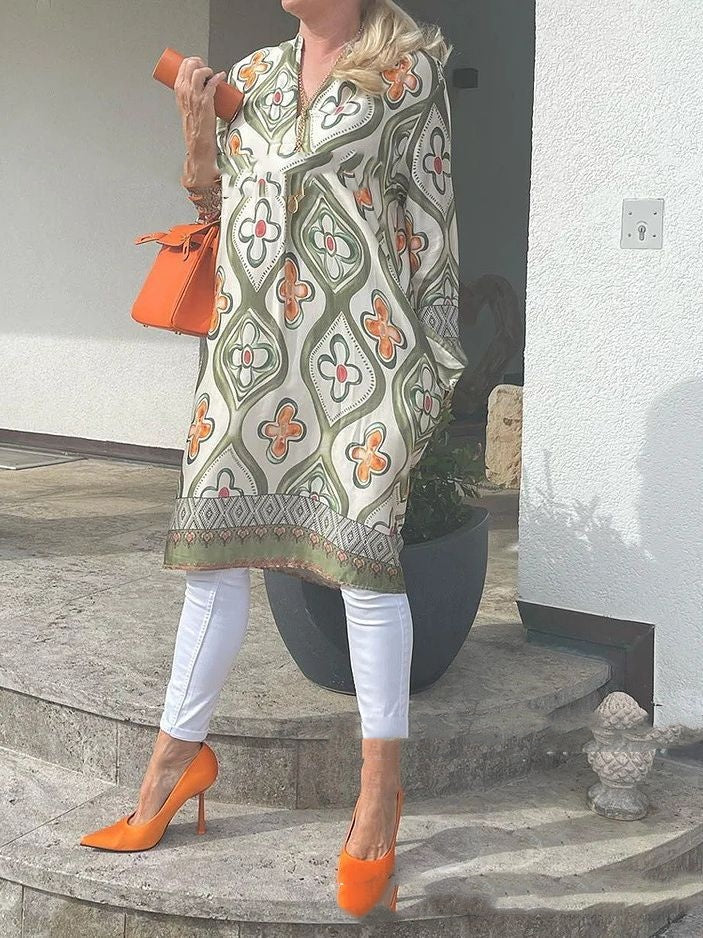 V-Neck Printed Loose Midi Dress