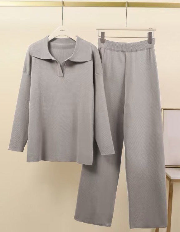 In Stock Springsummer Knit Polo-neck Long-sleeve Pullover And Trousers Two-piece Set